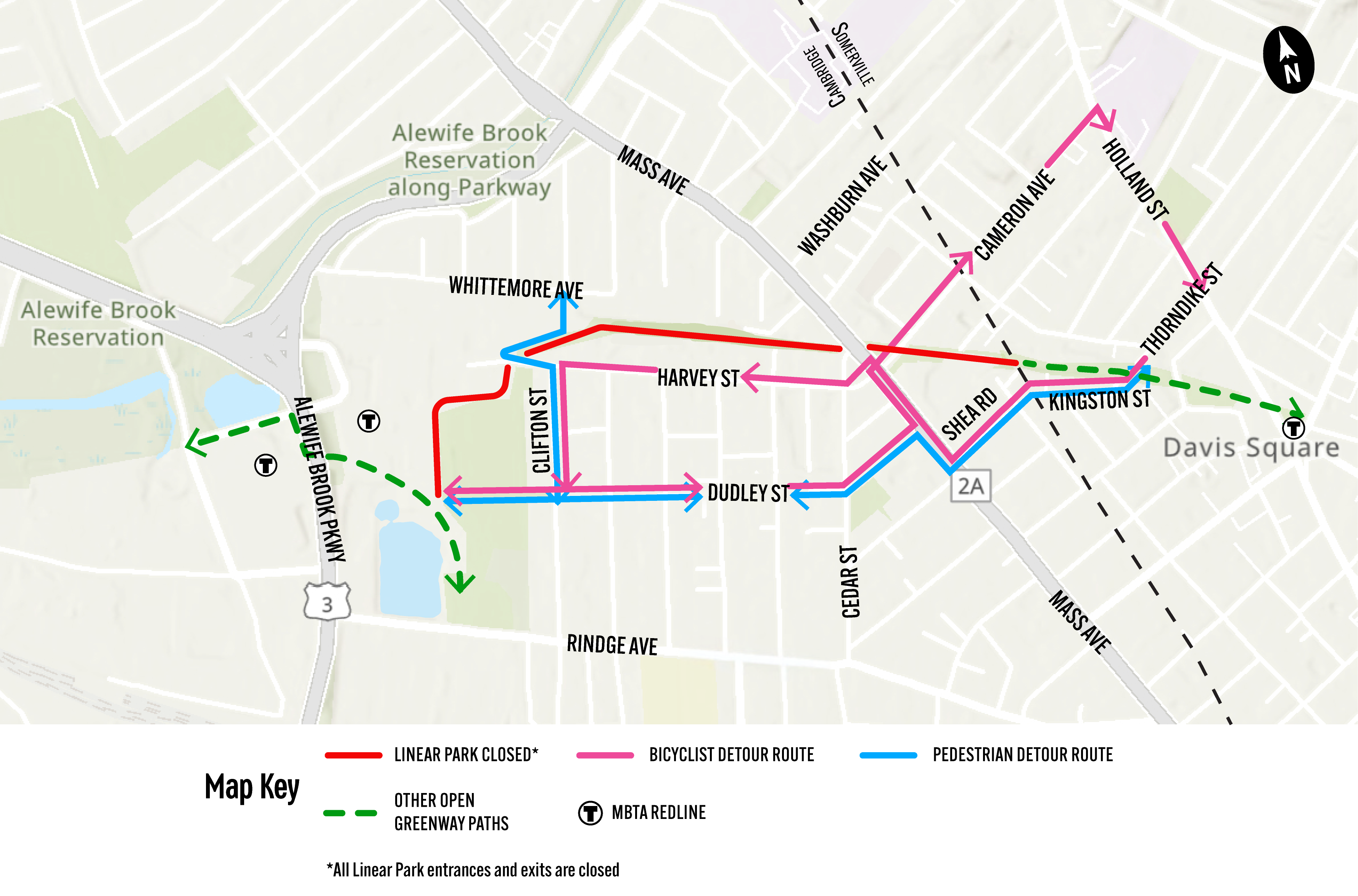 map of linear path closure with bicycle and pedestrian detours