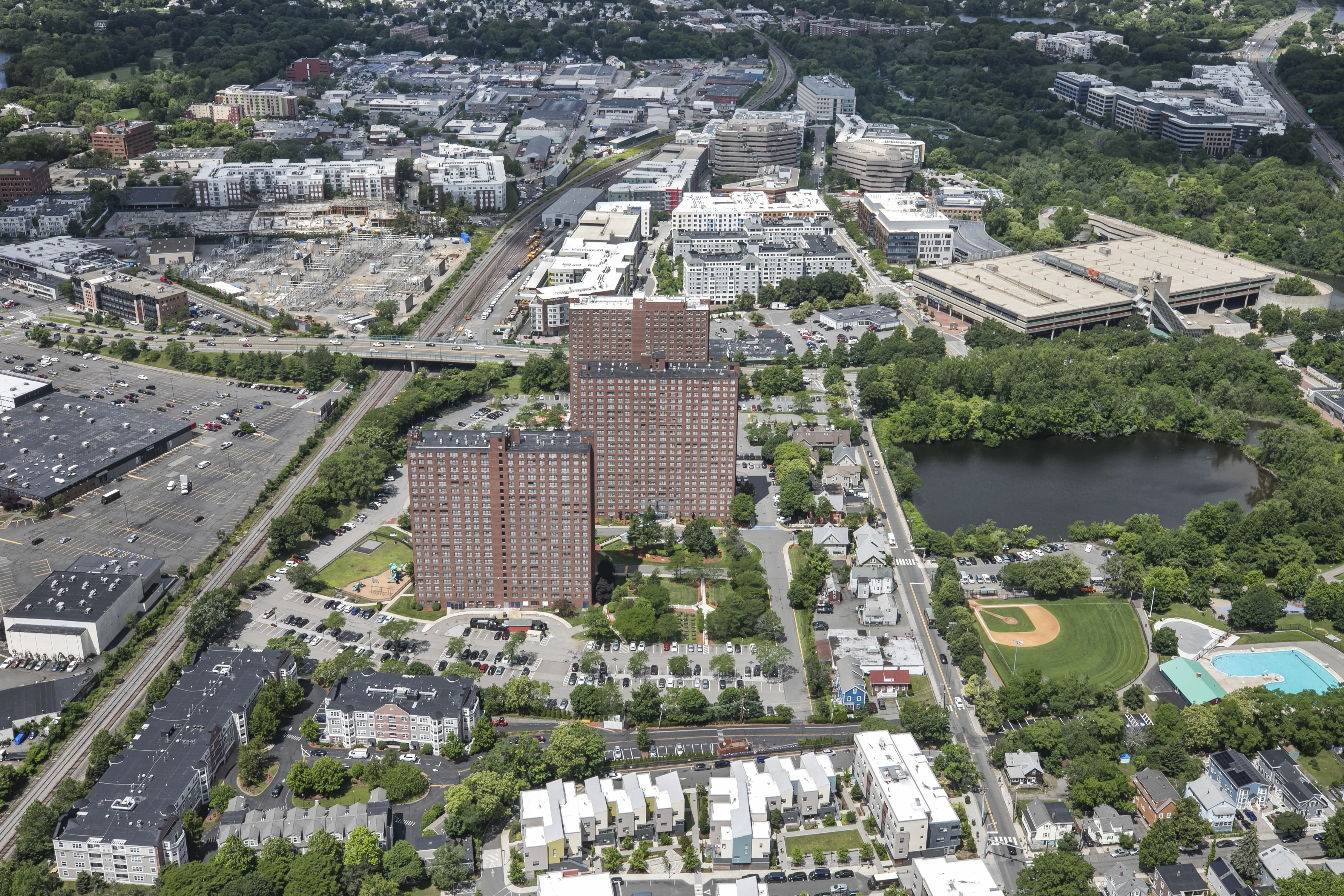 Aerial view of the Alewife commercial district