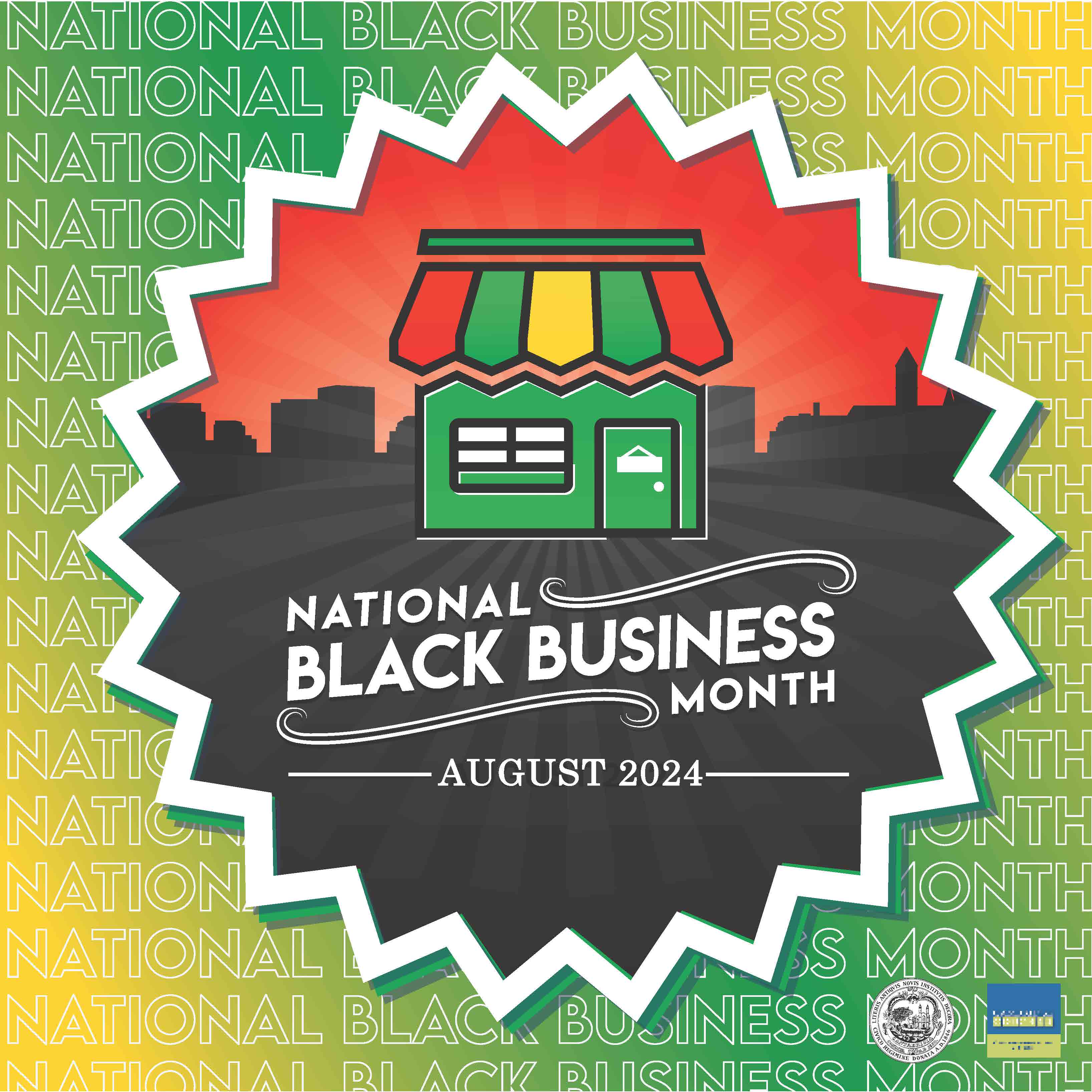 a storefront sits against a city scape on a red medallion in front of a green and yellow background.