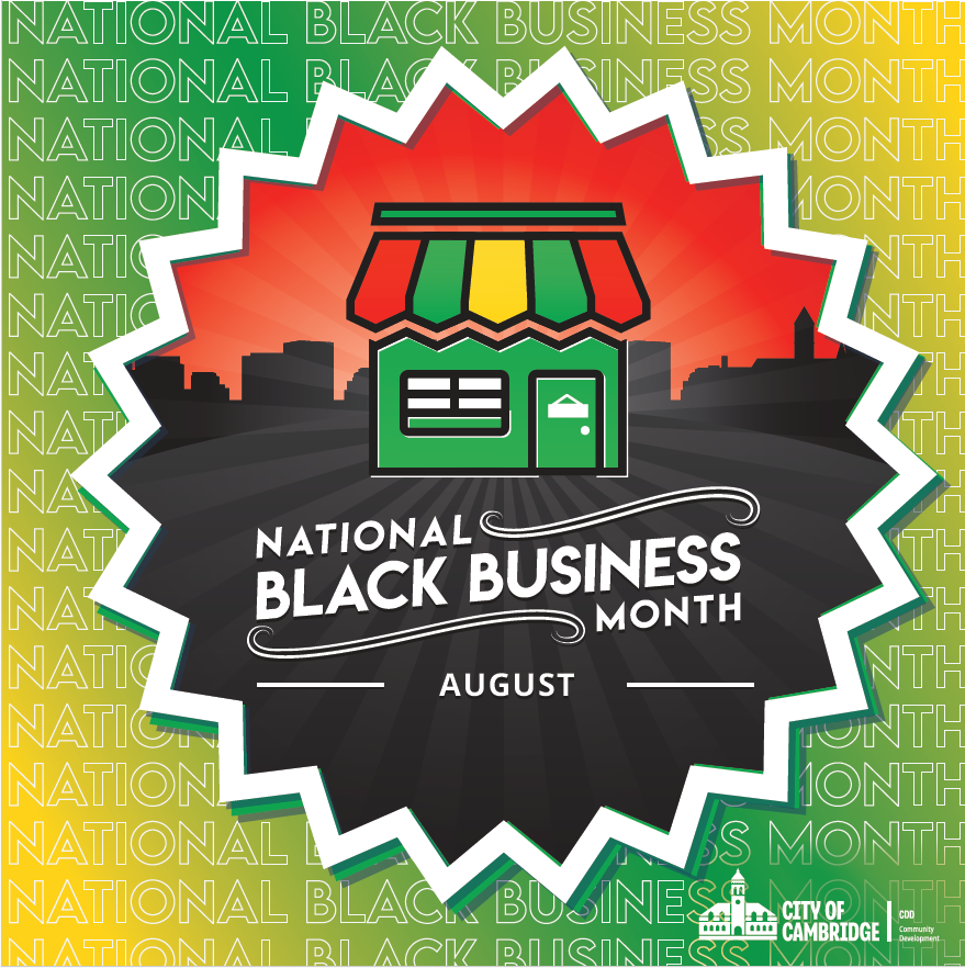 a colorful storefront set against a black cityscape scene with the words National Black Business Month August
