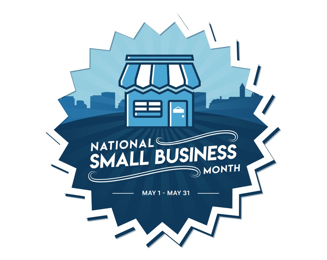 This is a logo of the City of Cambridge's Annual National Small Business Month celebration. It is blue and white and contains an drawing of a storefront.