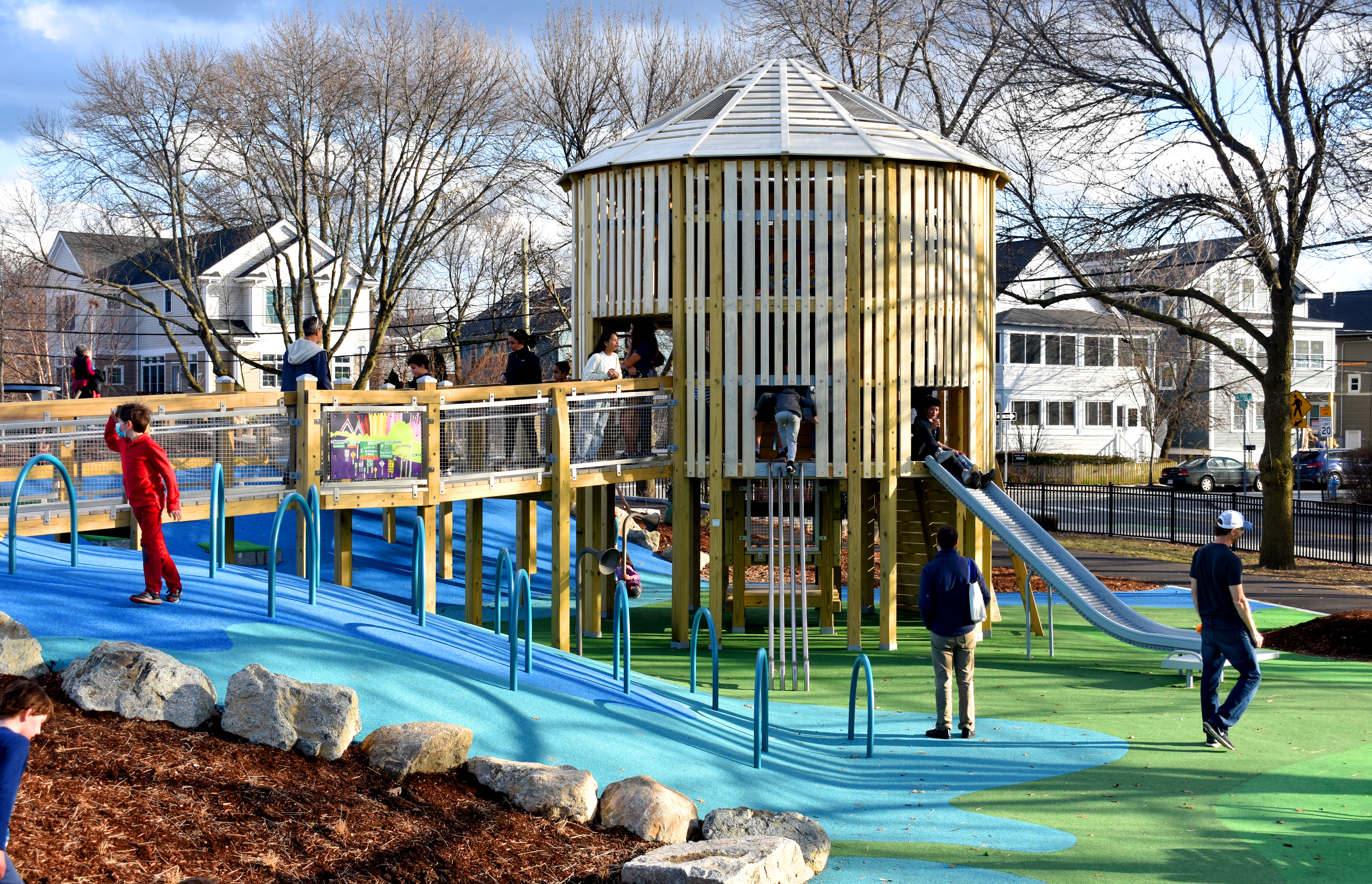 The Senior Play area, including castle structure and slide, at DePasquale playground