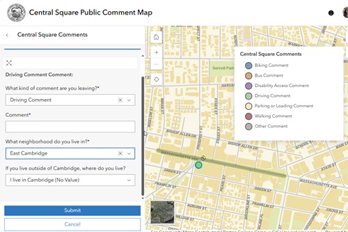 Screenshot of the Central Square Safety Improvement Project Public Comment Map