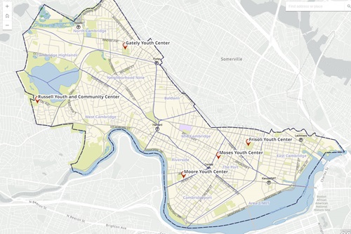 Screenshot of a map of youth center locations around Cambridge