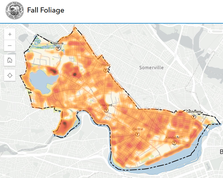 Screenshot of the fall foliage map showing hot spots of trees around Cambridge