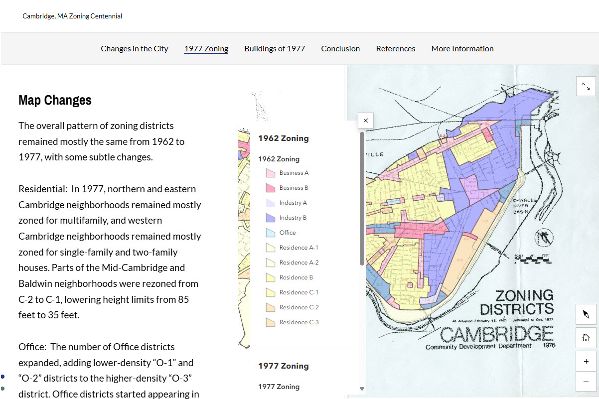 Map of zoning in 1977 with a list of different zoning types