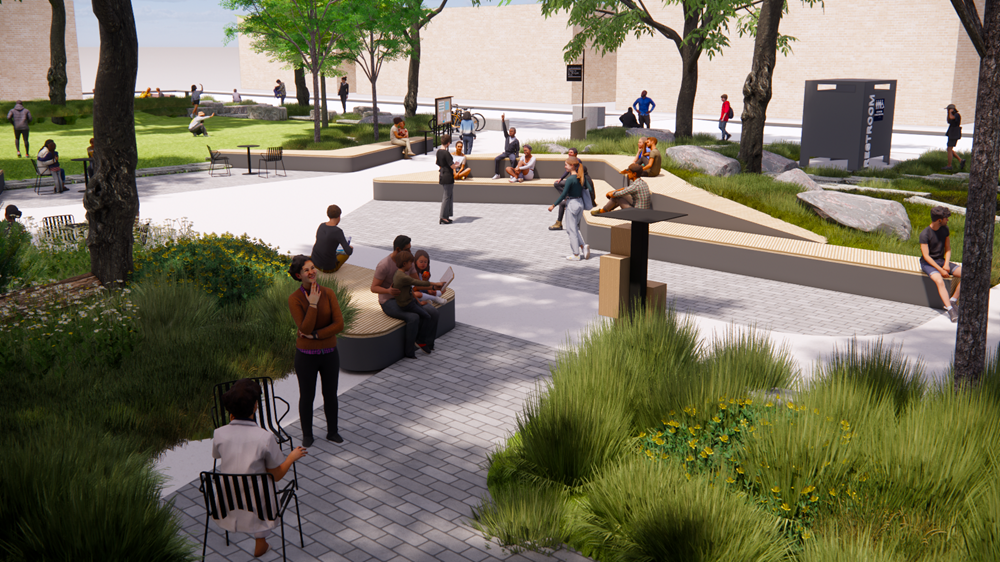 Rendering of Clement G. Morgan Park and the Anthony Paolillo Tot Lot redesign, with people relaxing and socializing in an outdoor urban park with benches and landscaped areas.
