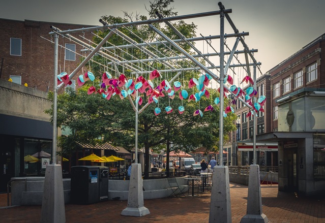 art installation made of flowers suspended from above in Brattle Square