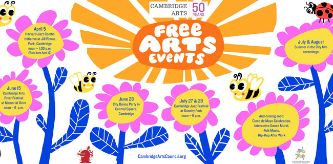 Cambridge Arts Presents Free Arts Events in spring and summer 2024. Image is a calendar on flowers under a sun with bees and a ladybug.