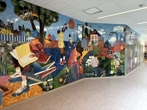 “You Belong Here” by Ekua Holmes. Collage-inspired mosaic celebrating belonging and community. Photo by Cambridge Arts.