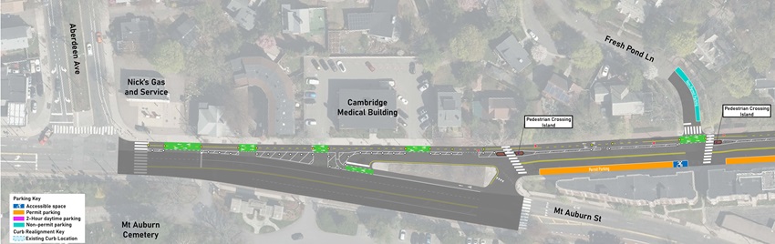 Image shows plans for the Brattle Street Safety Improvement Project. Separated bike lanes will end at Aberdeen Avenue.