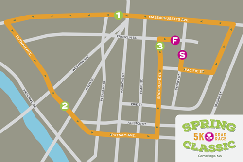 The race route begins at 64 Sidney St., turns left on Pacific Street, left on Albany Street, left on Massachusetts Avenue, left on Putnam Avenue, left on Brookline Street, and right on Franklin Street.