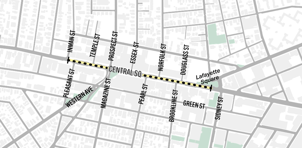 Map of the Central Square Safety Improvement Project area along Massachusetts Avenue, extending from Inman Street through Central Square to Sidney Street. A yellow dotted line highlights the project corridor.