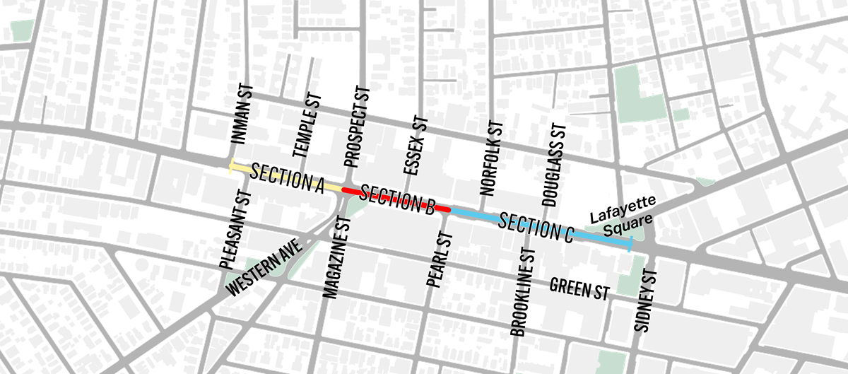 Map dividing the Central Square Safety Improvement Project along Massachusetts Avenue into three sections. Section A, shown in yellow, extends from Inman St Street to Prospect Street. Section B, shown in red, extends from Prospect Street to Pearl Street. Section C, shown in blue, extends from Pearl Street through Central Square to Sidney Street/ Lafayette Square.