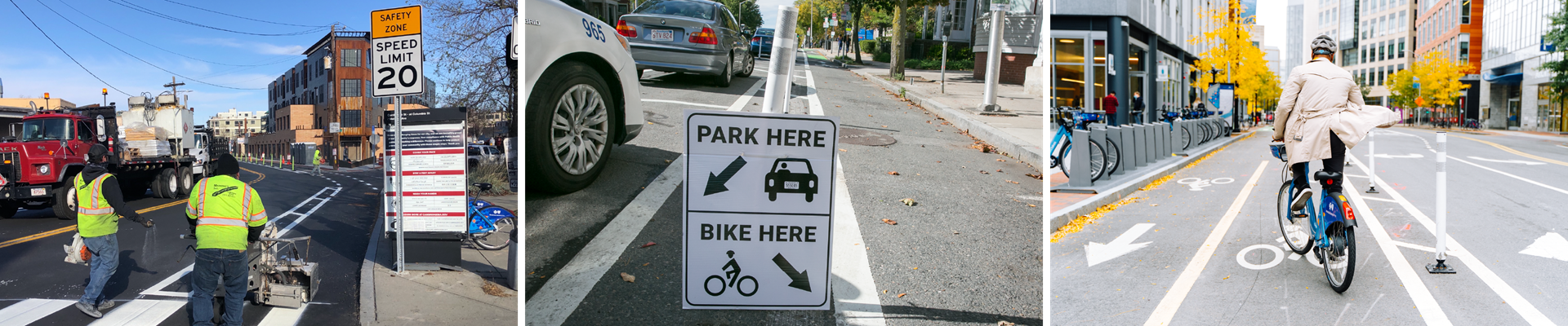 Three images. The left image shows people installing a quick-build separated bike lane on Webster Ave. The middle image shows a sign indicating space for parking and space for biking to the left and right of a buffer area. The right image show a person biking in a quick-build separated bike lane on Ames St.