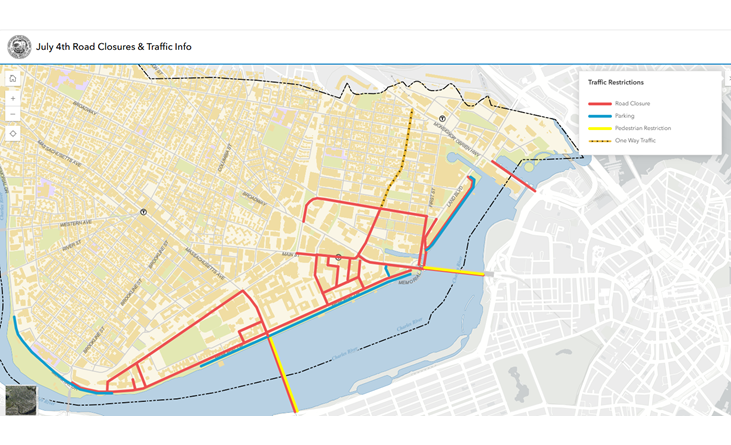 Map of Cambridge outlining the closures for the fourth of july holiday