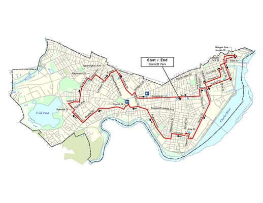 Map of Cambridge. red line of the bike ride route is highlighted across the city in a bow tie shape