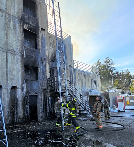 Ground Ladder ops at MA Fire Academy recruit firefighter burn training - Stow, MA