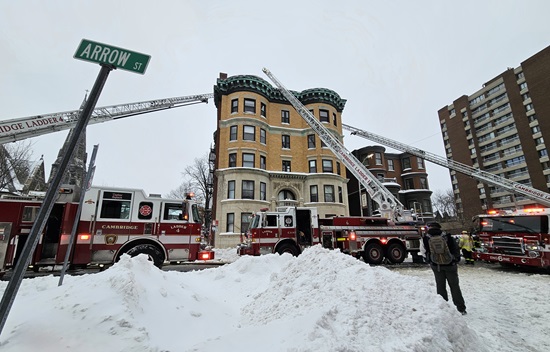 2nd alarm Box 2-461 - 1137 Mass Av - Aerial Ladders deployed to roof
