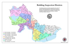 Map of Cambridge's building inspection districts including the name of the inspector assigned to each district