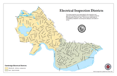 Map of Cambridge's electrical inspection districts including the name of the inspector assigned to each district