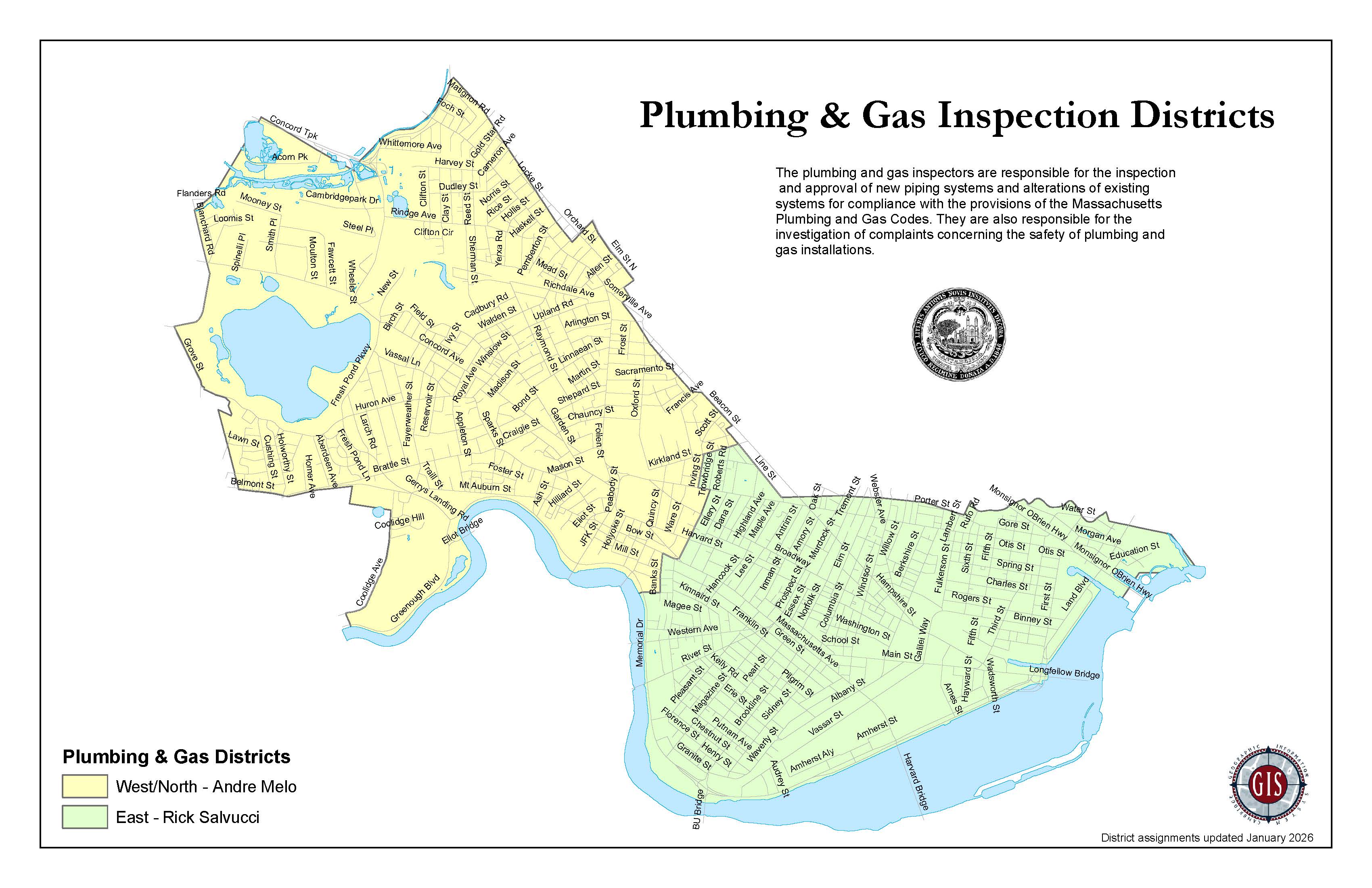 Map of Cambridge's plumbing and gas inspection districts including the name of the inspector assigned to each district