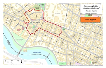 Map of Harvard Square with a red line that marks the area where public consumption can be occur between 11 a.m. to 11 p.m. June-July. Alcohol has to be purchased from approved establishments in those zones. No outdoor alcohol is permitted.
