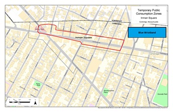 Map of Inman Square with a red line that marks the area where public consumption can be occur between 11 a.m. to 11 p.m. June-July. Alcohol has to be purchased from approved establishments in those zones. No outdoor alcohol is permitted.