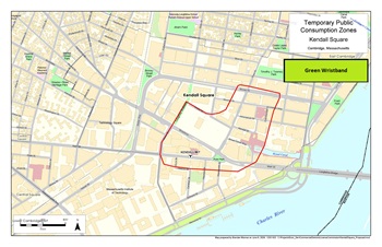 Map of Kendall Square with a red line that marks the area where public consumption can be occur between 11 a.m. to 11 p.m. June-July. Alcohol has to be purchased from approved establishments in those zones. No outdoor alcohol is permitted.