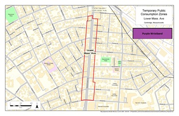 Map of Lower Mass Ave social district with a red line that marks the area where public consumption can be occur between 11 a.m. to 11 p.m. June-July. Alcohol has to be purchased from approved establishments in those zones. No outdoor alcohol is permitted.