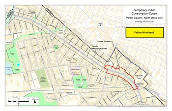 Map of Porter Square with a red line that marks the area where public consumption can be occur between 11 a.m. to 11 p.m. June-July. Alcohol has to be purchased from approved establishments in those zones. No outdoor alcohol is permitted.