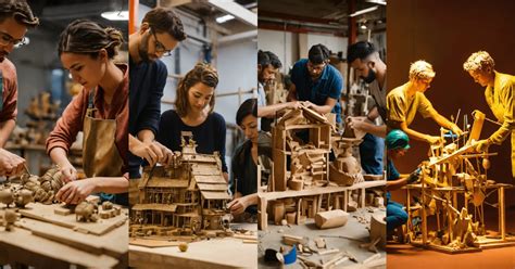 A visualization of groups of artists working on projects with various types of wood mediums