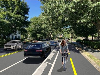 An artist rendering of concrete dividers that sit between car lanes on the road and bike lanes.