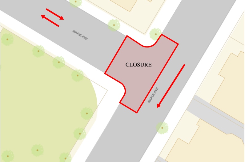 Map of road closure at Marie Ave and Maple Ave