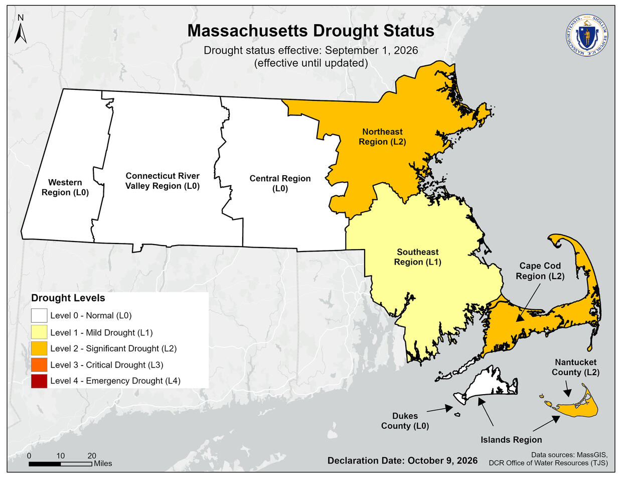 Map of Massachusetts with colors coded indicating the water drought status for October 2026. Colors are marked in orange and yellow and white.