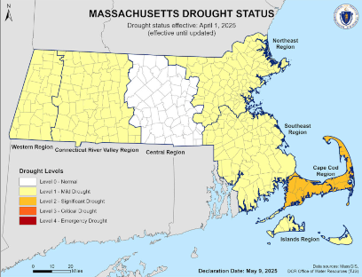 Massachusetts drought status map from May 20, 2025