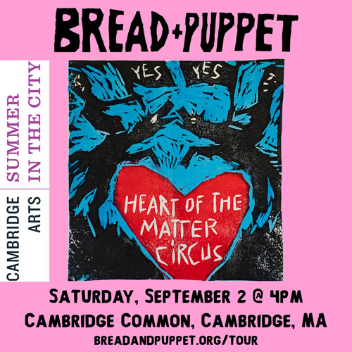 Poster for Bread & Puppet Theater's 'The Heart Of The Matter Circus.' Pictures two people waving flags reading "Yes" while riding horses around a giant heart.