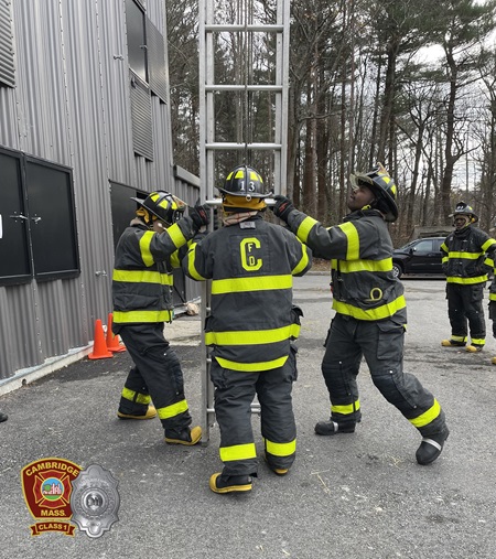 Cambridge Fire Academy Recruit Class 2022 01 35 foot ladder deployment