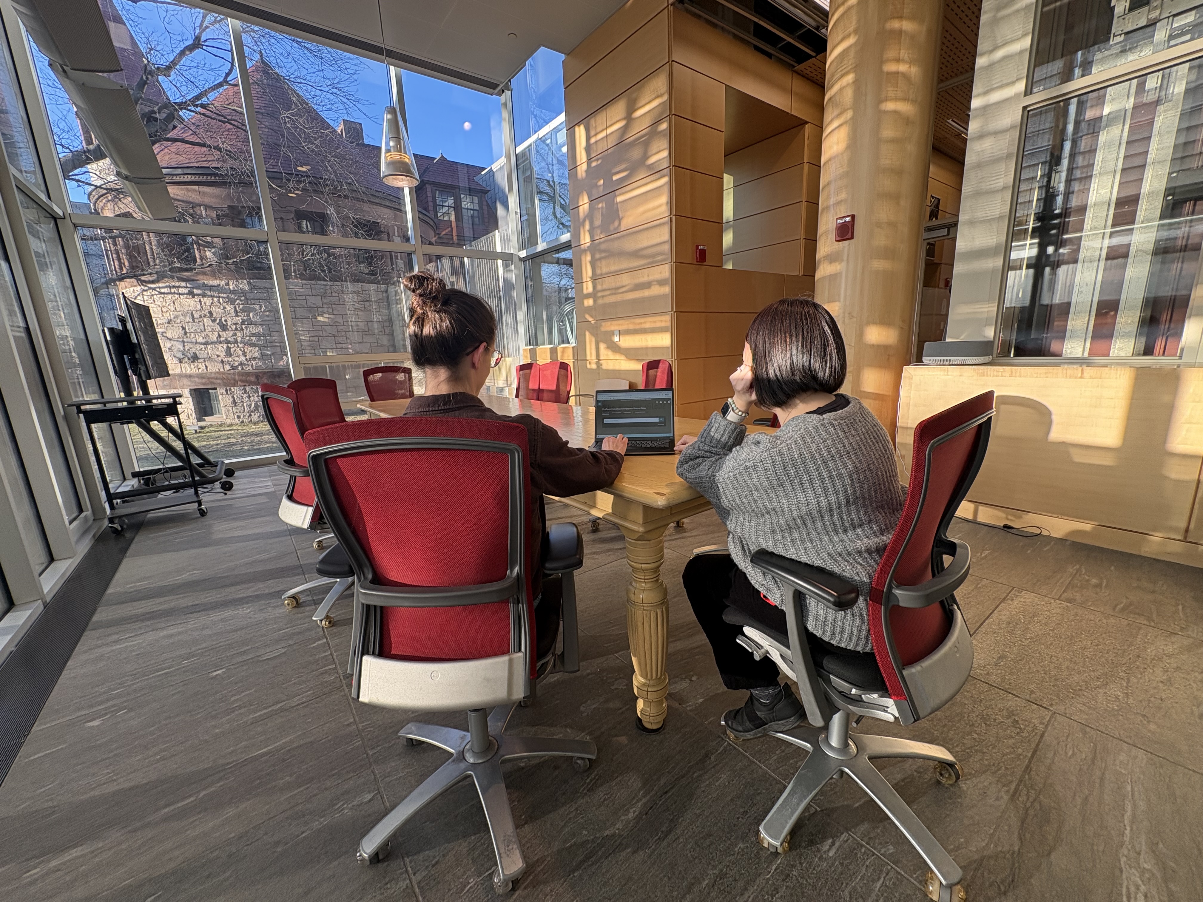 A Cambridge Public Library patron and librarian working on a laptop