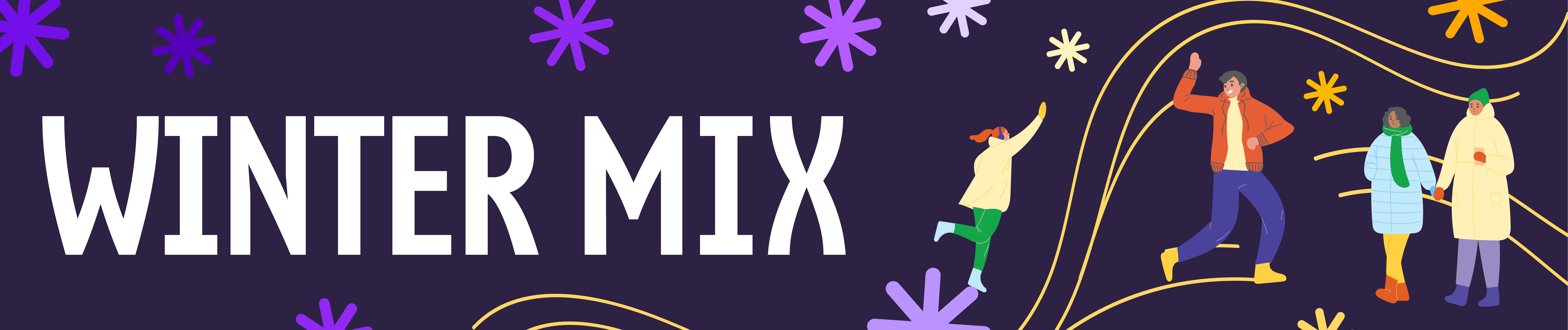 Promotional banner for Winter Mix featuring illustrations of multicolored snowflakes, people dancing and walking in coats and scarves.