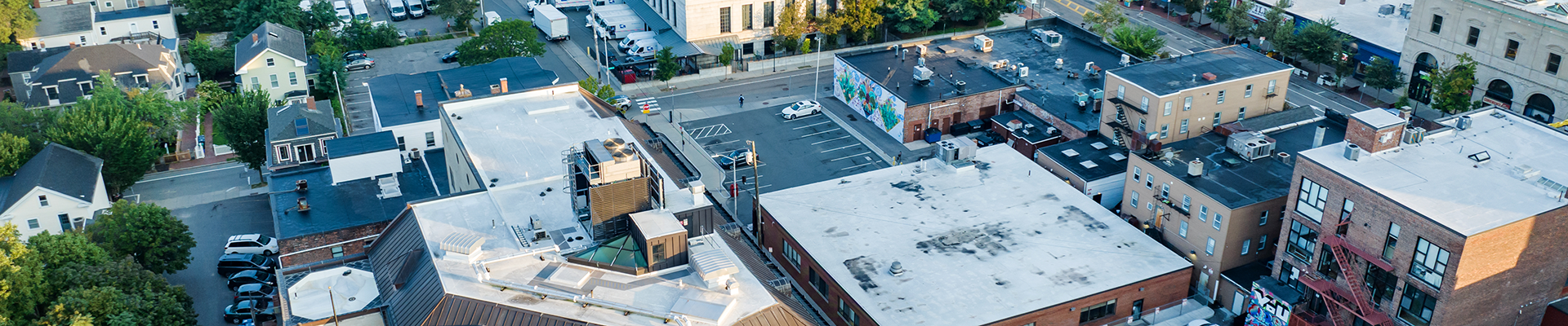 Aerial view of municipal parking lots in Central Square
