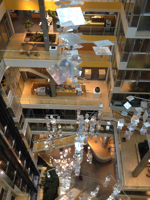 Interior of Genzyme building with reflective panels