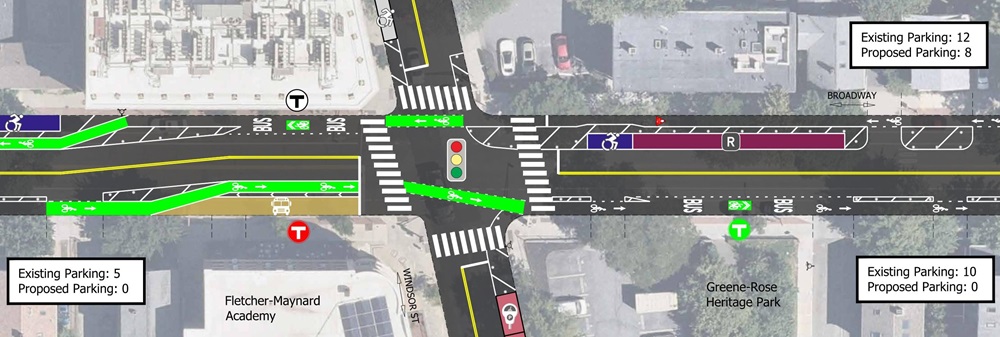 Diagram of bus stop at Windsor St with current and proposed location