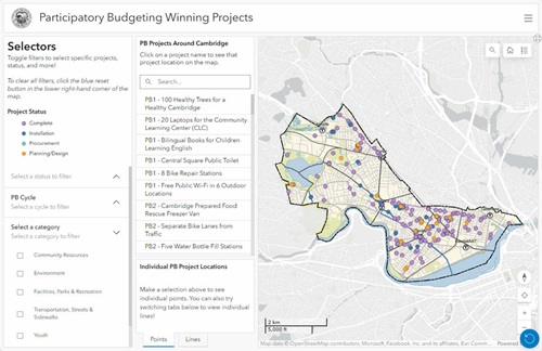 Screenshot of the Participatory Budgeting Winning Projects Map showing a map of Cambridge, all the project locations, and a number of different filters that are used to explore the data