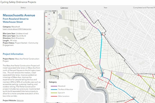 Screenshot of the separated bike lanes on as part of the Cycling Safety Ordinance showing a selected feature example.