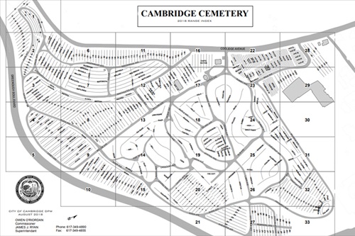 Cambridge Cemetery Map showing gravesites in black and white colors