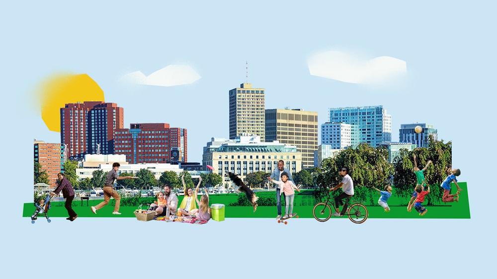 Illustration of a vibrant cityscape featuring a variety of urban activities: people biking, walking, enjoying a picnic, and skateboarding. The backdrop includes diverse buildings under a clear sky with the sun partially visible.