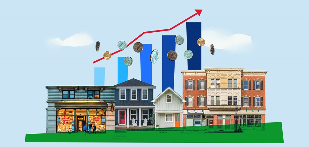 Graphic of a residential street with diverse architectural styles of houses. Behind them is a blue bar graph, with each bar a bit taller and darker in hue from left to right. A rising red arrow sits atop the slope of the bar graph. Coins are also floating in front of the graph.