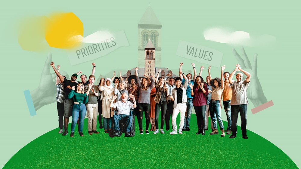 Illustration featuring a diverse group of people standing atop a green hill and joyfully raising their hands. They're set against a stylized background with illustrations of a sun and clouds as well as an overlaid image of City Hall. The background also includes the words "PRIORITIES" and "VALUES" in uppercase letters, emphasizing key themes. The overall mood is celebratory and inclusive, suggesting a community focused on shared goals and principles.