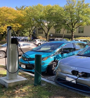 Electric vehicles charge at stations in Cambridge.